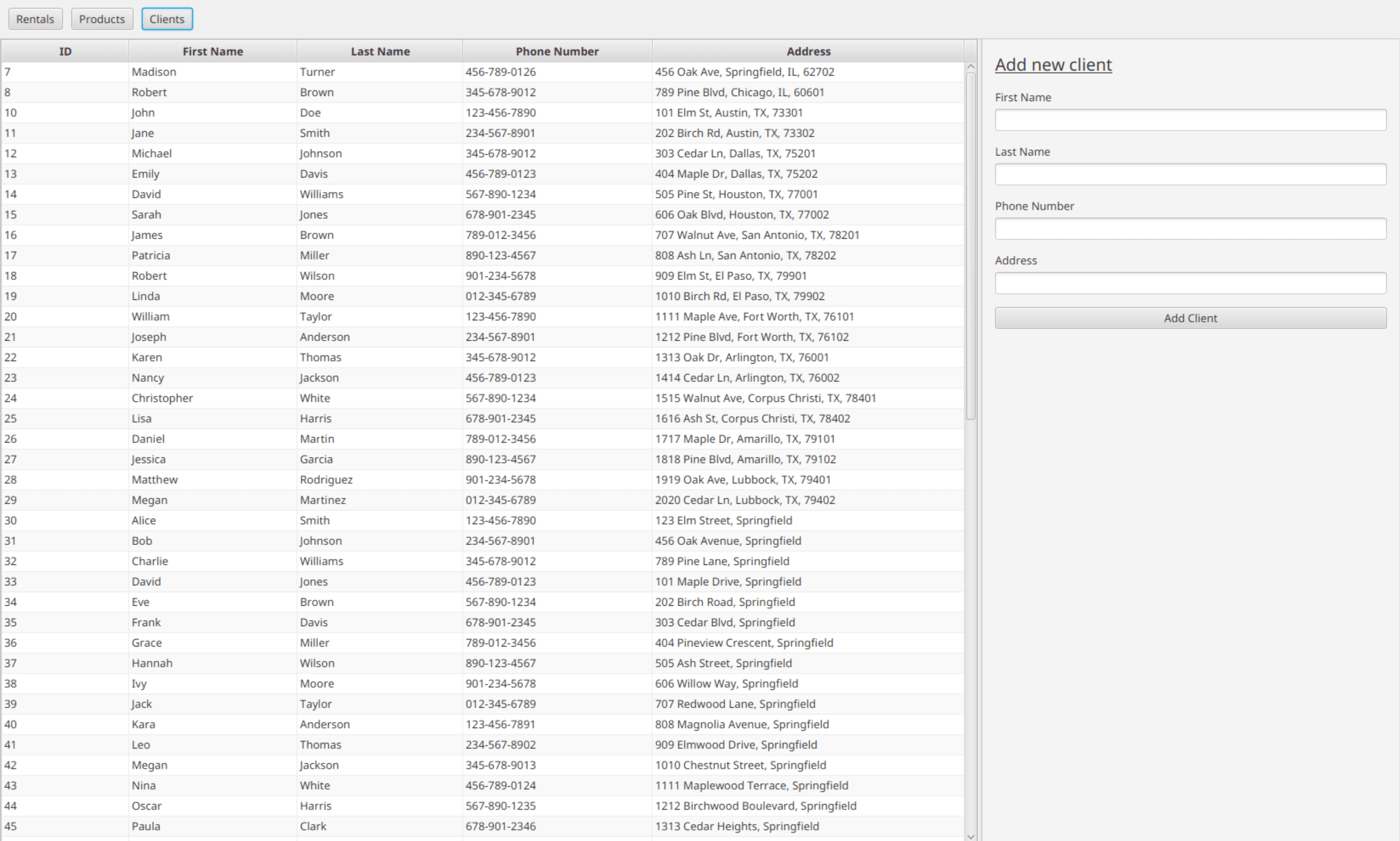 Client management interface showing a list of clients and their details